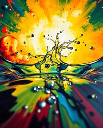 Explore a series of bold acrylic paintings featuring low-angle perspectives, dynamic ink in water splashes, and macro photogr