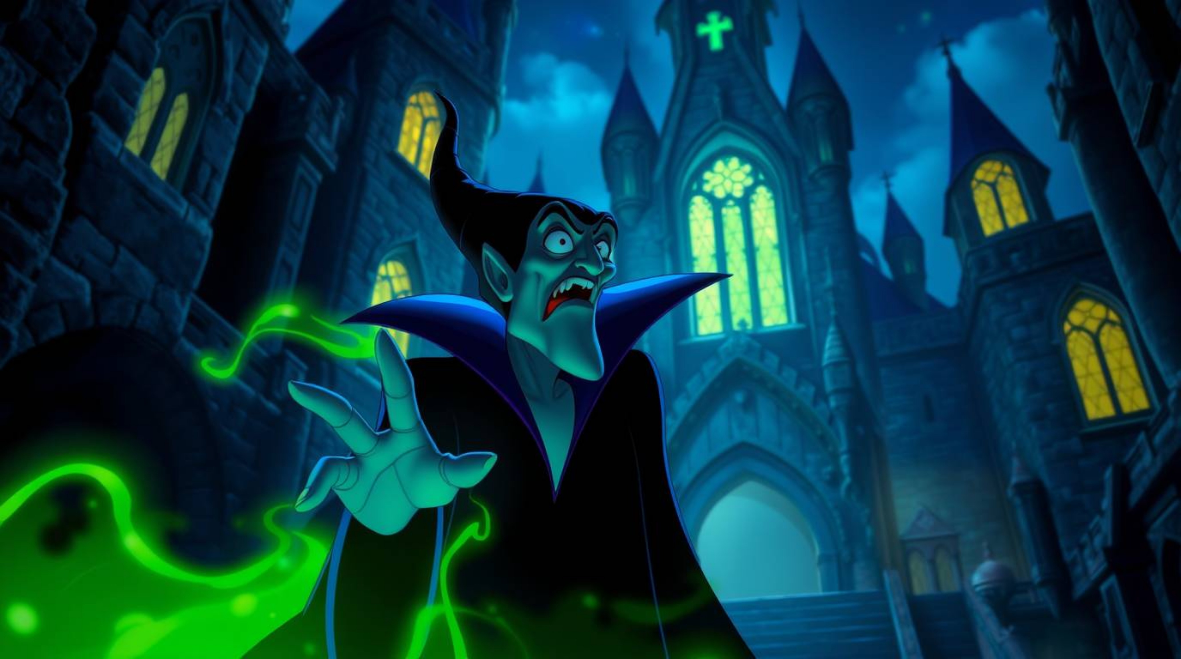 A classic Disney villain with sharp features and dark skin casts a mesmerizing spell within the ancient walls of an old castl