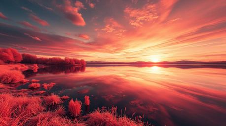 A captivating surreal infrared image showcases a serene lake mirroring a vibrant sunset sky.  Rendered in a modern flat desig