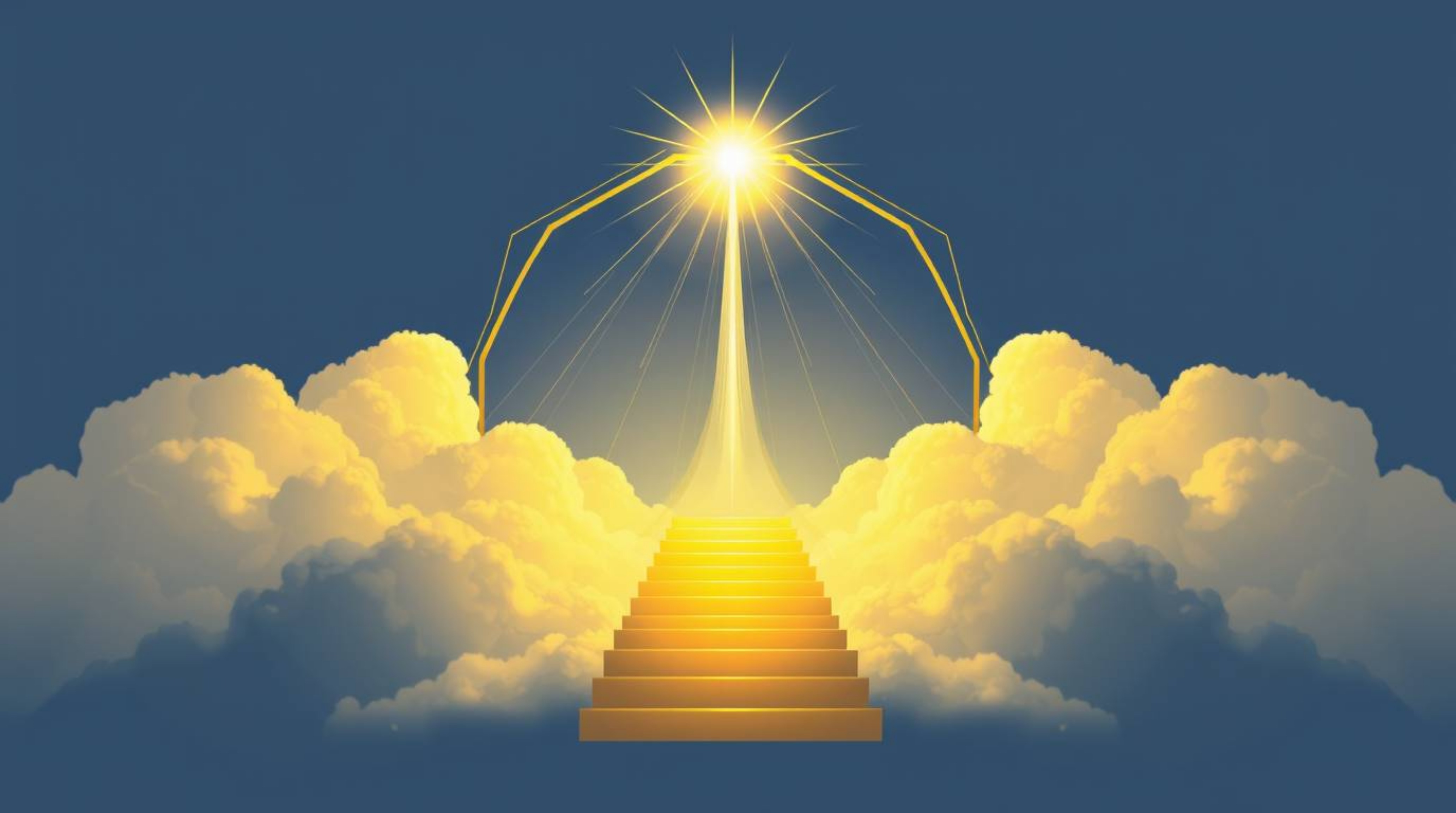 This vector graphic depicts a golden staircase ascending through clouds towards a radiant heaven, sunlight piercing the sky. 