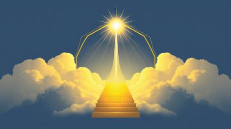 This vector graphic depicts a golden staircase ascending through clouds towards a radiant heaven, sunlight piercing the sky. 