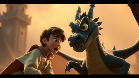 A captivating close-up shot in the style of 1950s animation depicts a charming prince locked in battle with a magnificent dra