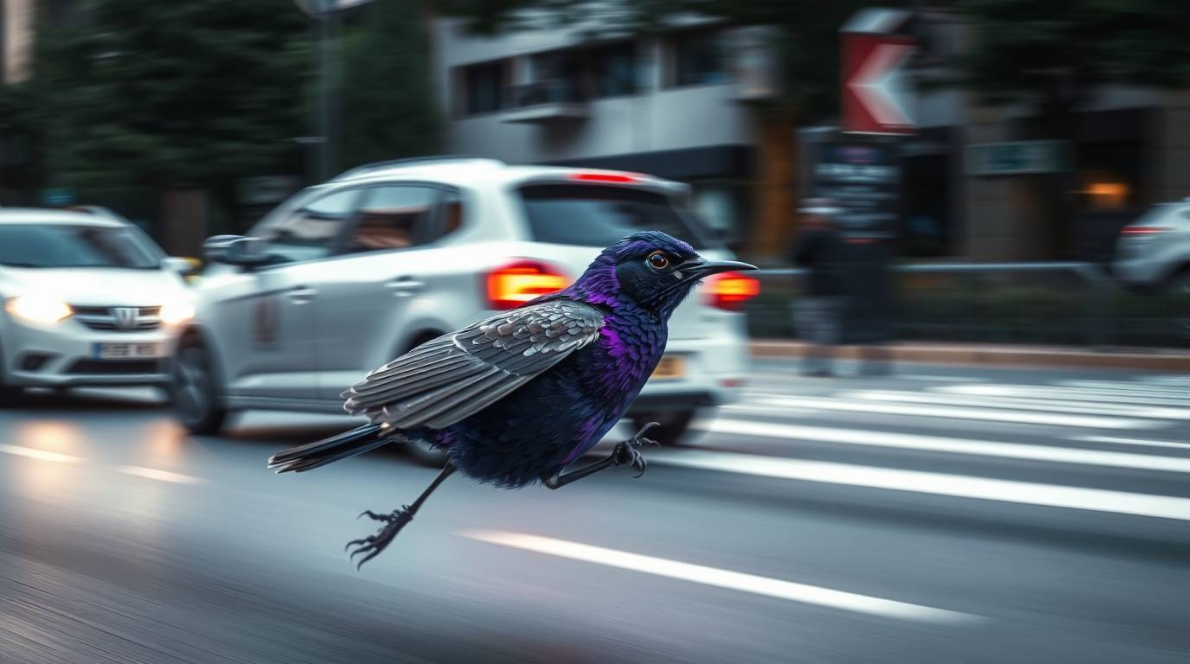 A fast-running bird, captured with sharp focus, zooms dynamically past bustling city traffic, showcasing vivid purples and de