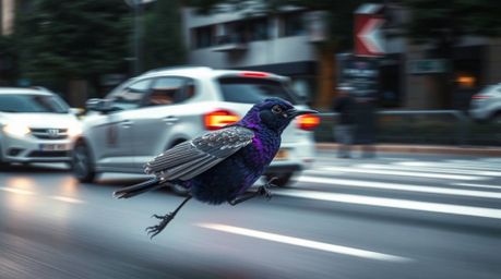 A fast-running bird, captured with sharp focus, zooms dynamically past bustling city traffic, showcasing vivid purples and de