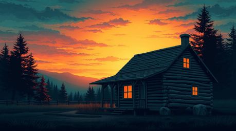 A stunning illustration depicts an old wooden cabin bathed in the warm glow of a sunset. Rendered in rich, deep teal hues, th