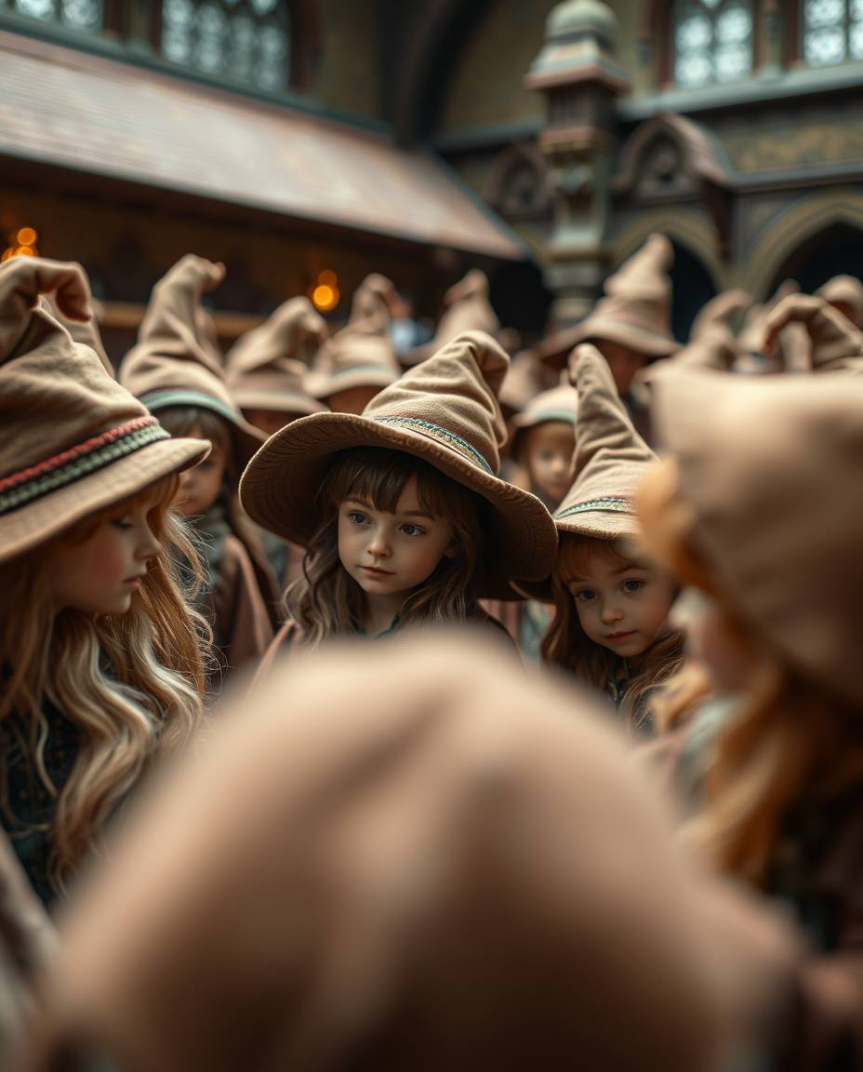 Explore an enchanting world through an extreme macro close-up of a magical school teeming with young wizards. This image capt