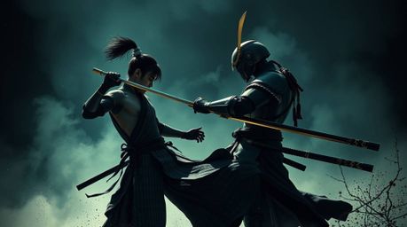 A breathtaking surreal scene depicts a graceful samurai engaging in an elegant battle against a powerful robot.  Strong, hard