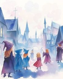A delicate watercolor painting depicts a magical school brimming with young wizards. Translucent washes of blues, purples, a