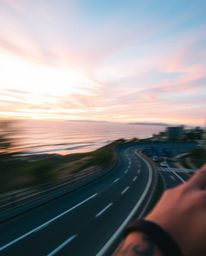 This candid street photograph captures a dynamic, motion-blurred sunset sky over a winding coastal highway. The image encapsu