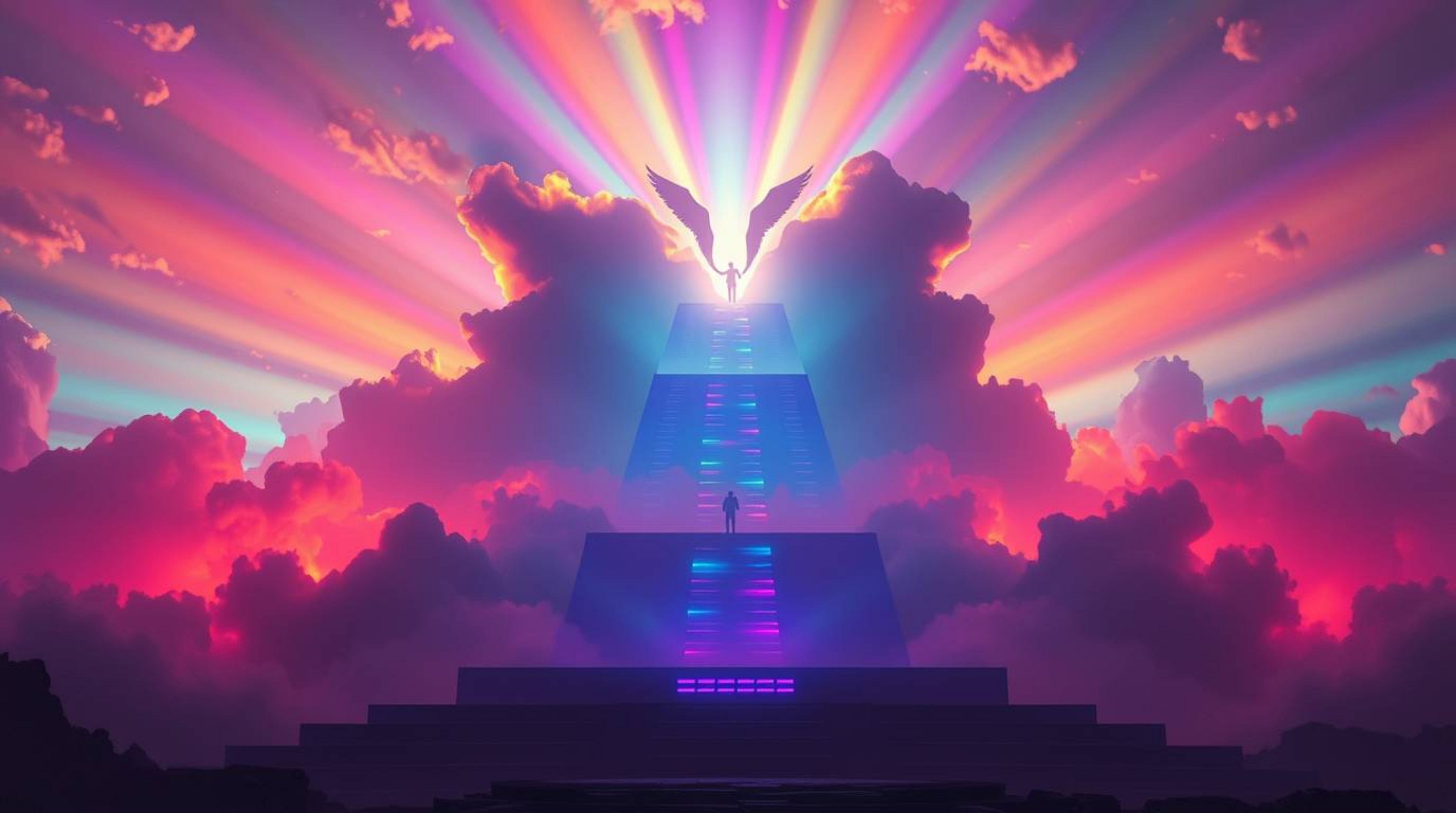 A grand, epic scene is illuminated by vivid electric colors and volumetric lighting. Steps of light ascend into a cloudy sky,