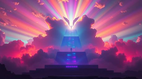A grand, epic scene is illuminated by vivid electric colors and volumetric lighting. Steps of light ascend into a cloudy sky,