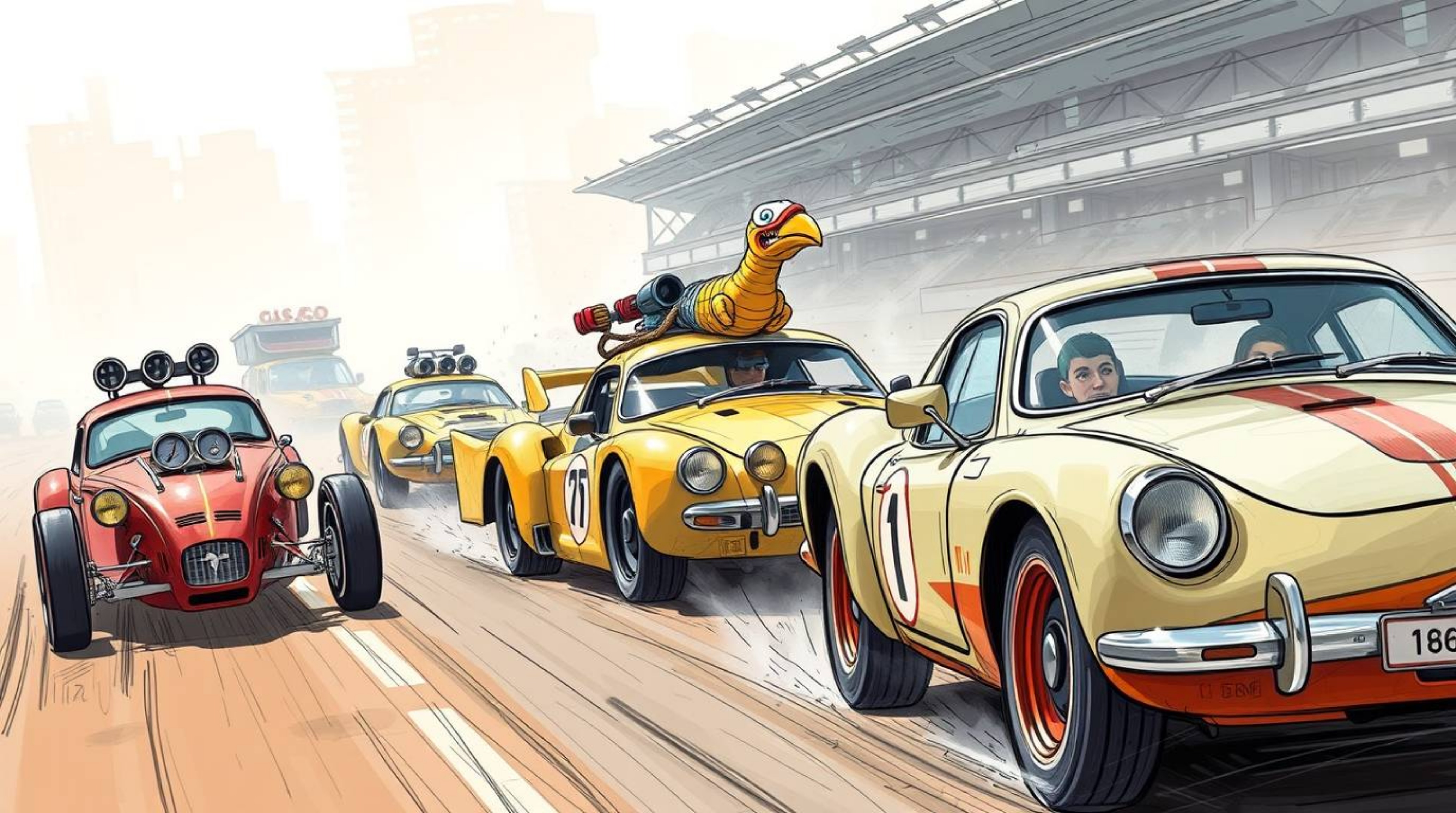 Explore a hand-drawn color sketchnote depiction of a wacky racing scene featuring outlandish cars, presented with soft focus 