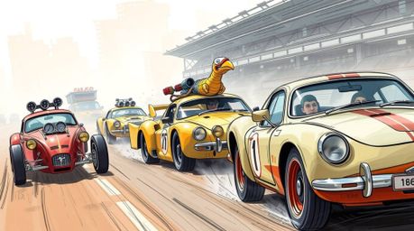 Explore a hand-drawn color sketchnote depiction of a wacky racing scene featuring outlandish cars, presented with soft focus 