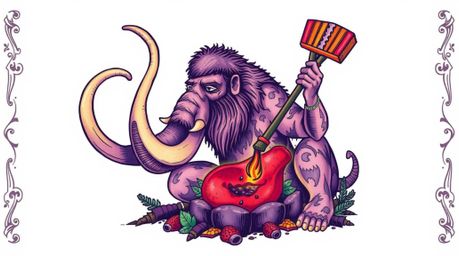 Explore a unique fusion of traditional tattoo art and prehistoric life with this print featuring a caveman cooking mammoth me