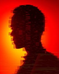 A captivating digital glitch art portrait featuring a silhouetted figure, rendered in a pixelated style with a corrupted data