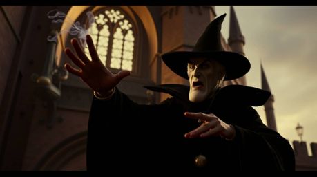 This is a professional photograph capturing a classic Disney villain in the midst of casting a spell within the ancient walls