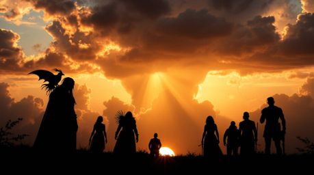 Discover breathtaking surreal imagery featuring silhouetted figures dramatically set against a backdrop of vibrant thundersto