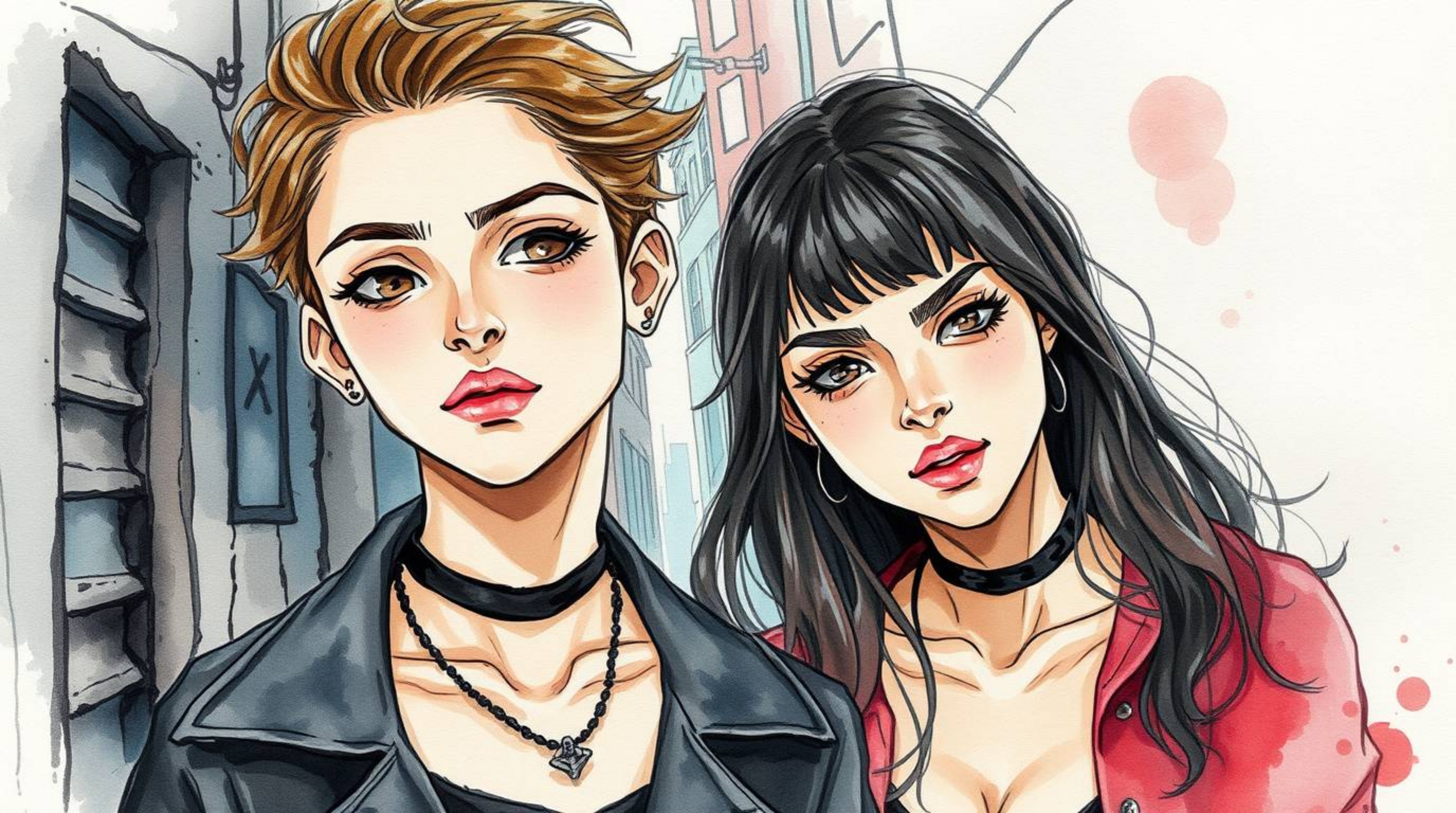 This delicate watercolor painting captures a grungy city alley scene featuring rebellious teens with refined facial features.