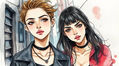 This delicate watercolor painting captures a grungy city alley scene featuring rebellious teens with refined facial features.