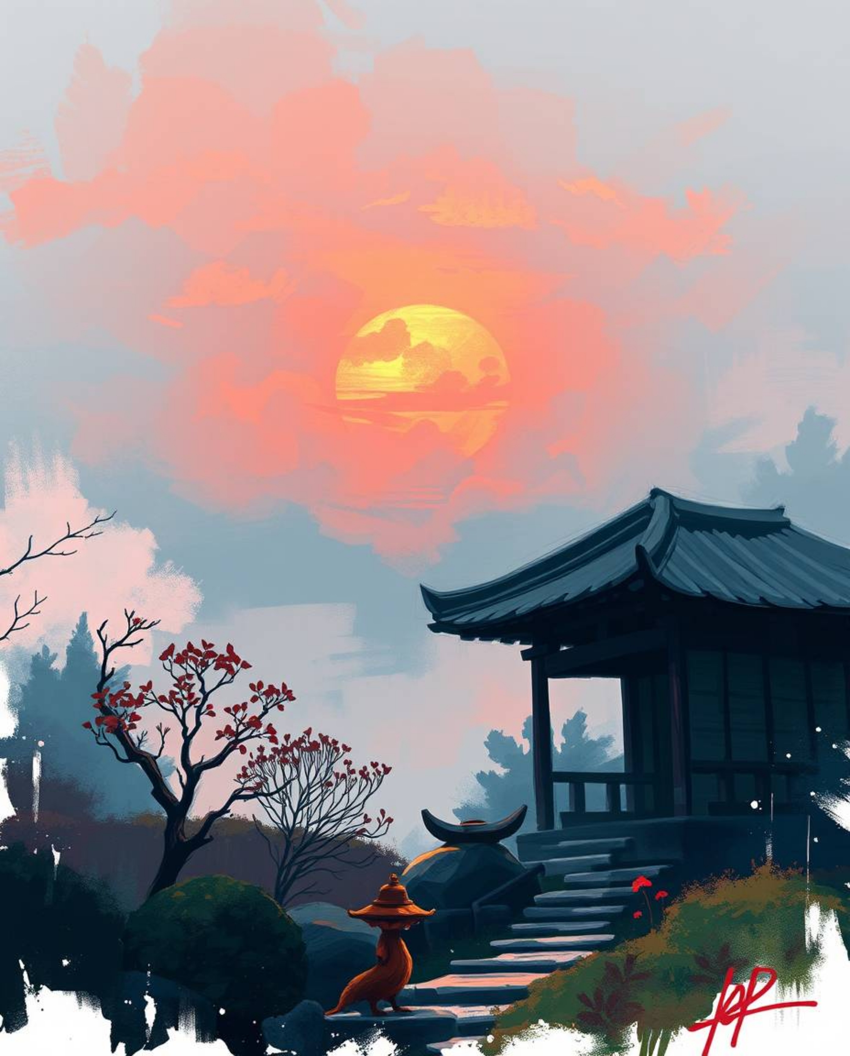 Immerse yourself in a rough, dynamic digital sketch of a serene Zen garden during a misty, atmospheric sunset. This fantasy s