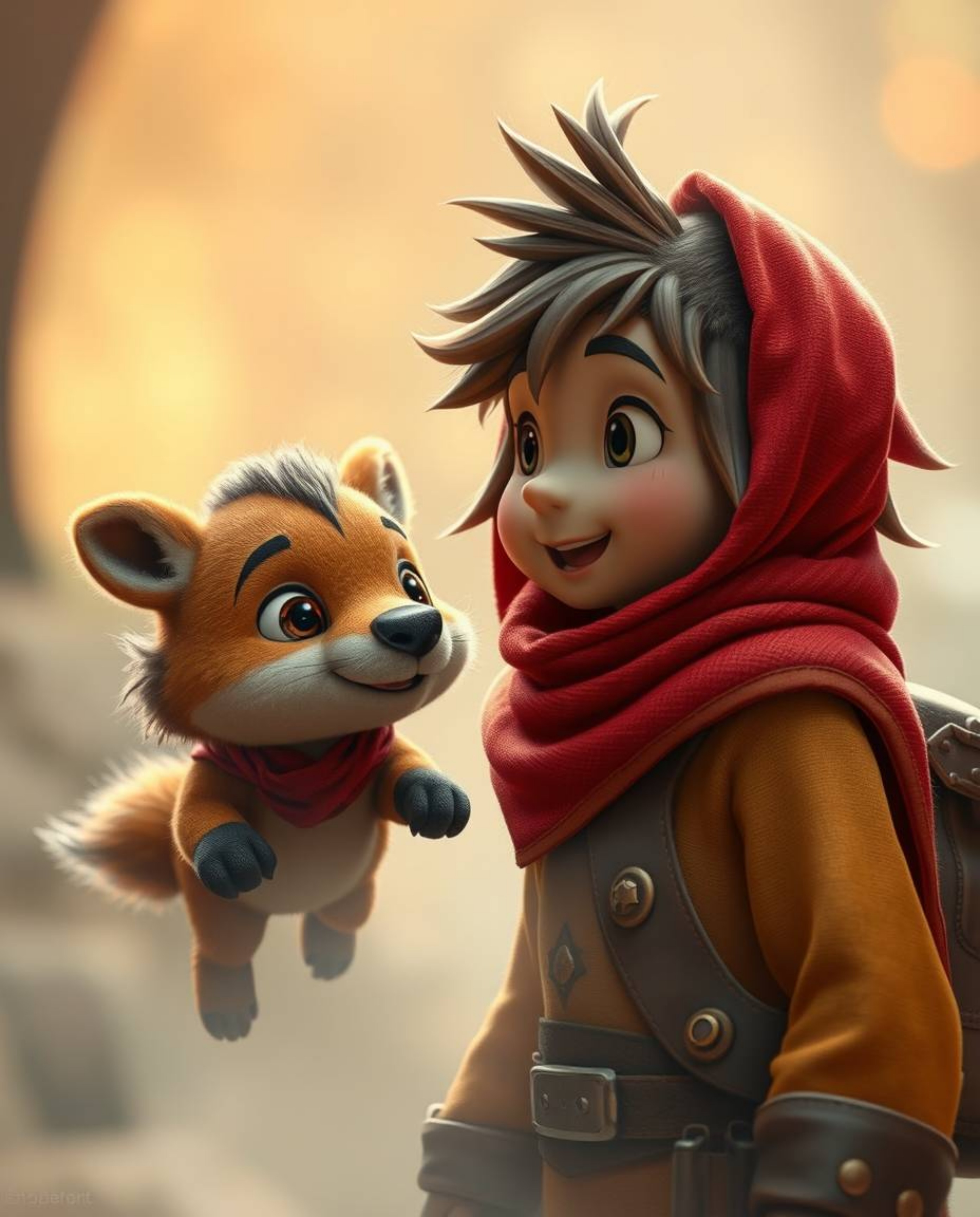 A captivating cinematic image showcases an adorable, charming talking animal sidekick assisting a hero on their epic adventur