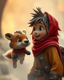 A captivating cinematic image showcases an adorable, charming talking animal sidekick assisting a hero on their epic adventur
