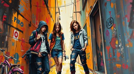 A bold acrylic painting captures the energy of rebellious teens in a grungy city alley.  Vibrant colors, textured brushstroke