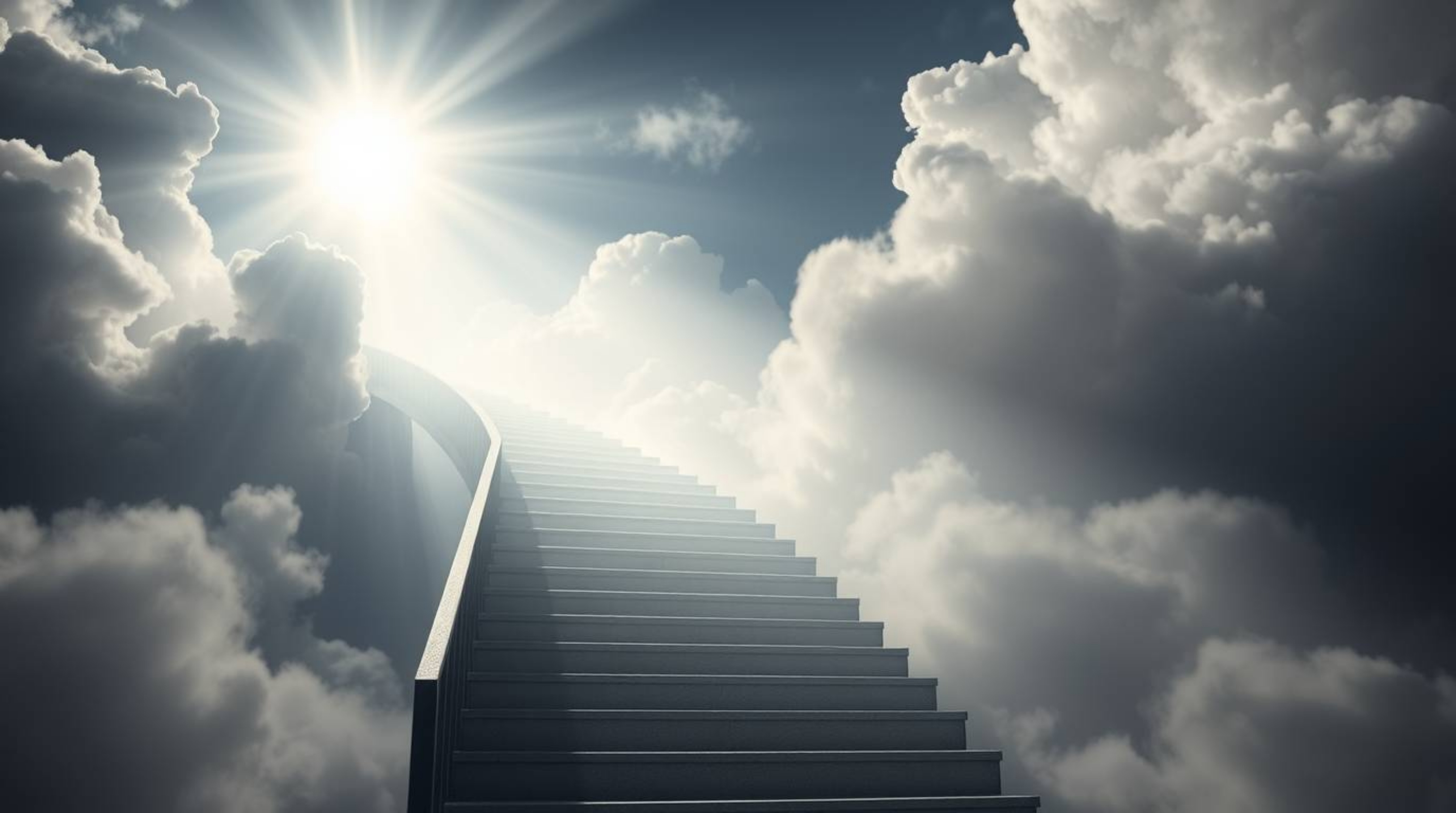 A captivating surreal photograph depicts a graceful stairway ascending through smoky clouds towards a radiant celestial light