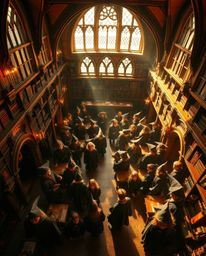 Experience the allure of a magical school teeming with young wizards, bathed in a warm golden glow and captured from a captiv