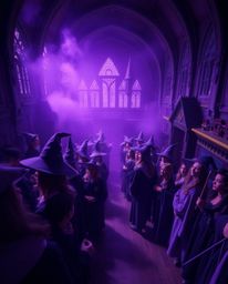 A captivating high-angle perspective of a magical school brimming with young wizards. Bathed in deep ultraviolet hues and a