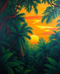 A vibrant painting depicts a sunset through a dense jungle canopy, captured from a unique overhead bird's eye perspective. Th