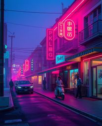 Experience a luxurious and surreal street scene bursting with glowing bioluminescent colors and rich teal hues.  Buildings fo