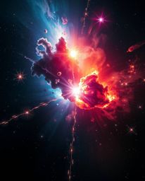 Witness the breathtaking spectacle of colliding galaxies in a cosmic explosion of light and color. This high-contrast image, 