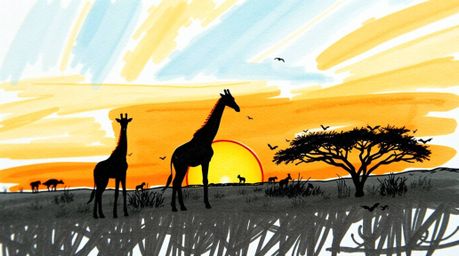 Experience the beauty of the African savanna at sunset with this tight close-up, hand-drawn color sketchnote. Featuring silho