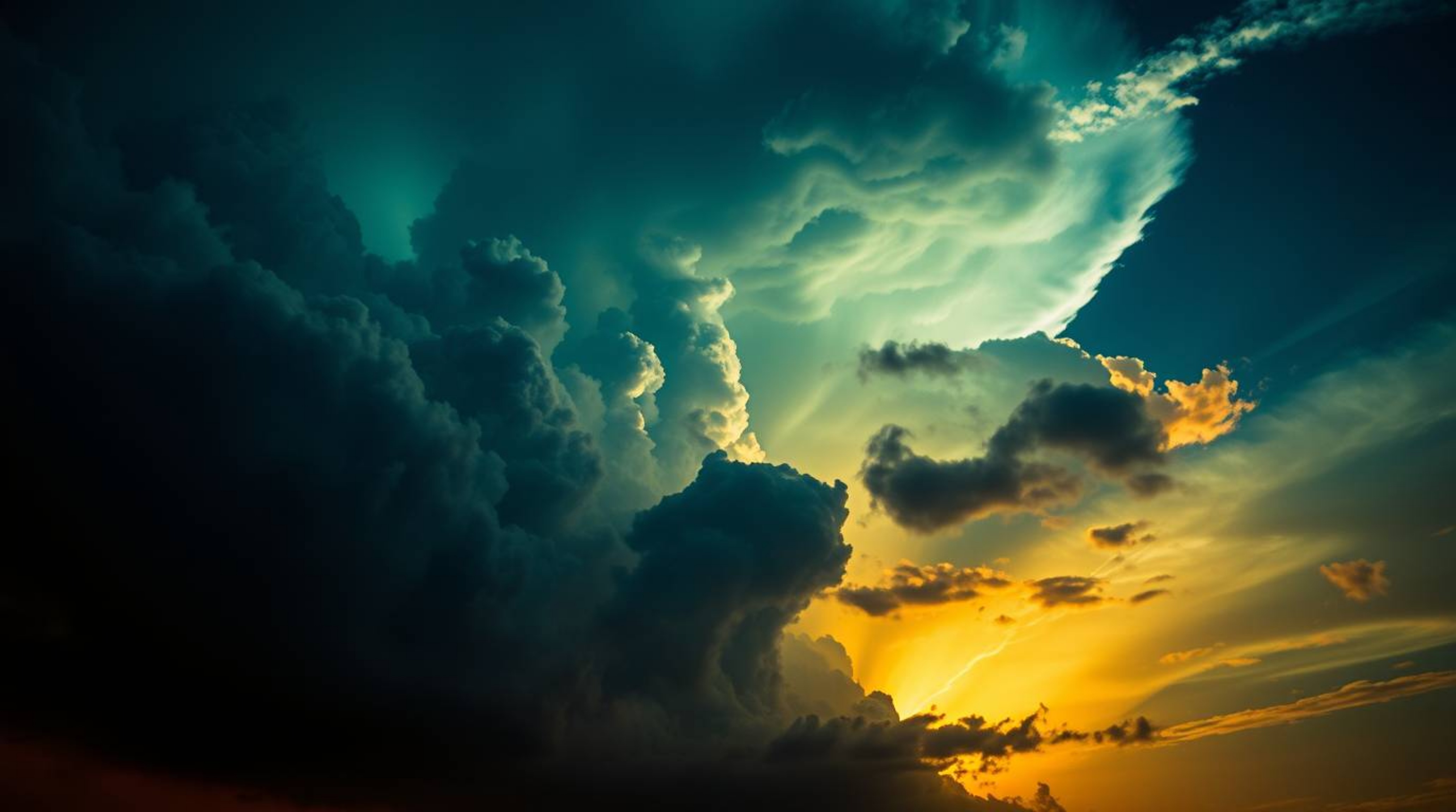 A captivating image showcasing dramatic thunderstorm clouds illuminated by the vibrant hues of a sunset.  The scene features 