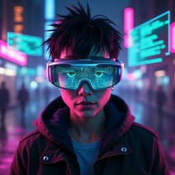A captivating image of a futuristic hacker immersed in a high-tech, cyberpunk world.  The hacker, with striking features like