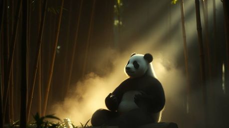 A serene scene unfolds with a panda martial artist deeply immersed in meditation amidst a lush bamboo forest. Volumetric ligh