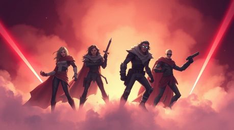 A captivating illustration showcases a team of misfit heroes, dramatically illuminated with volumetric lighting.  Bold light 