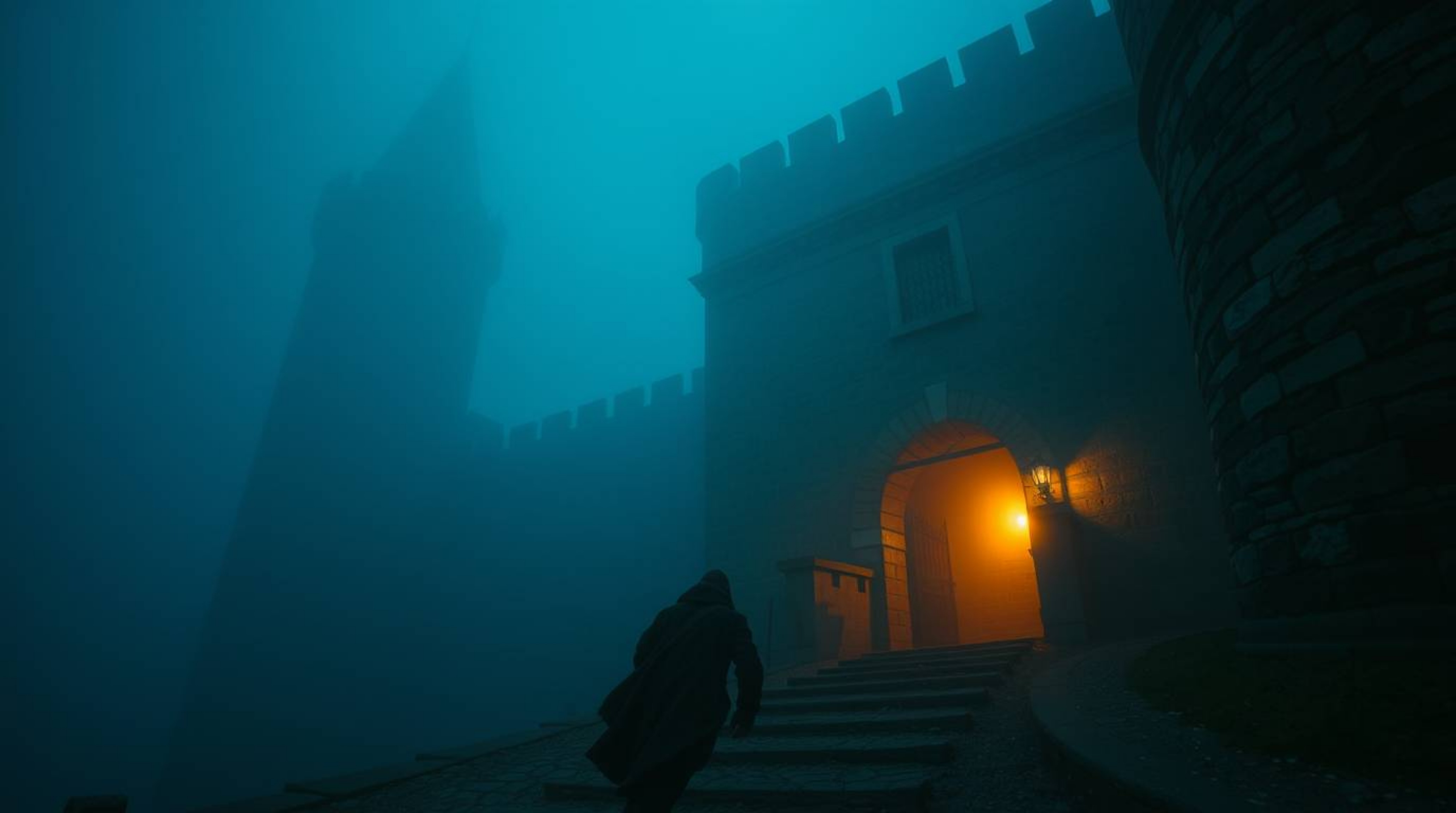A captivating image capturing a thief's daring infiltration of a heavily guarded castle. The photograph boasts warm, soft ton