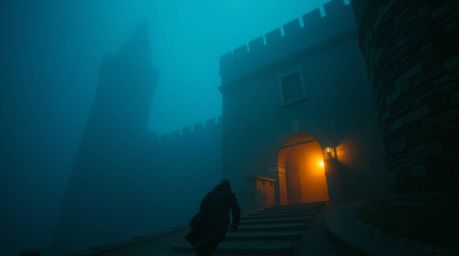 A captivating image capturing a thief's daring infiltration of a heavily guarded castle. The photograph boasts warm, soft ton