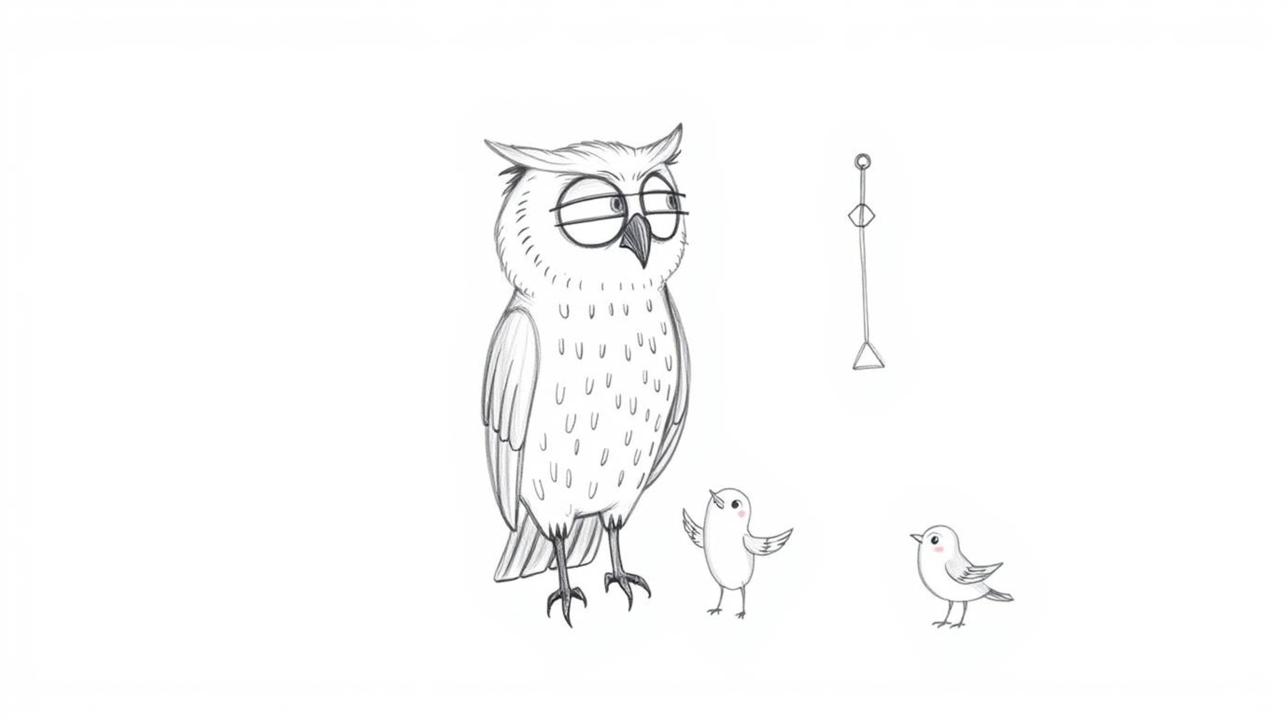 A heartwarming illustration depicts a blind owl, rendered in a textured, hand-drawn style reminiscent of Pixar animation, pat