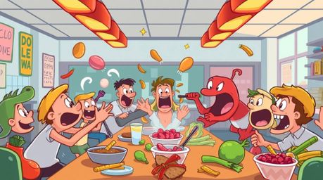 A chaotic and colorful animation depicting a wild food fight in a cartoon cafeteria.  Rendered in vibrant, complementary colo