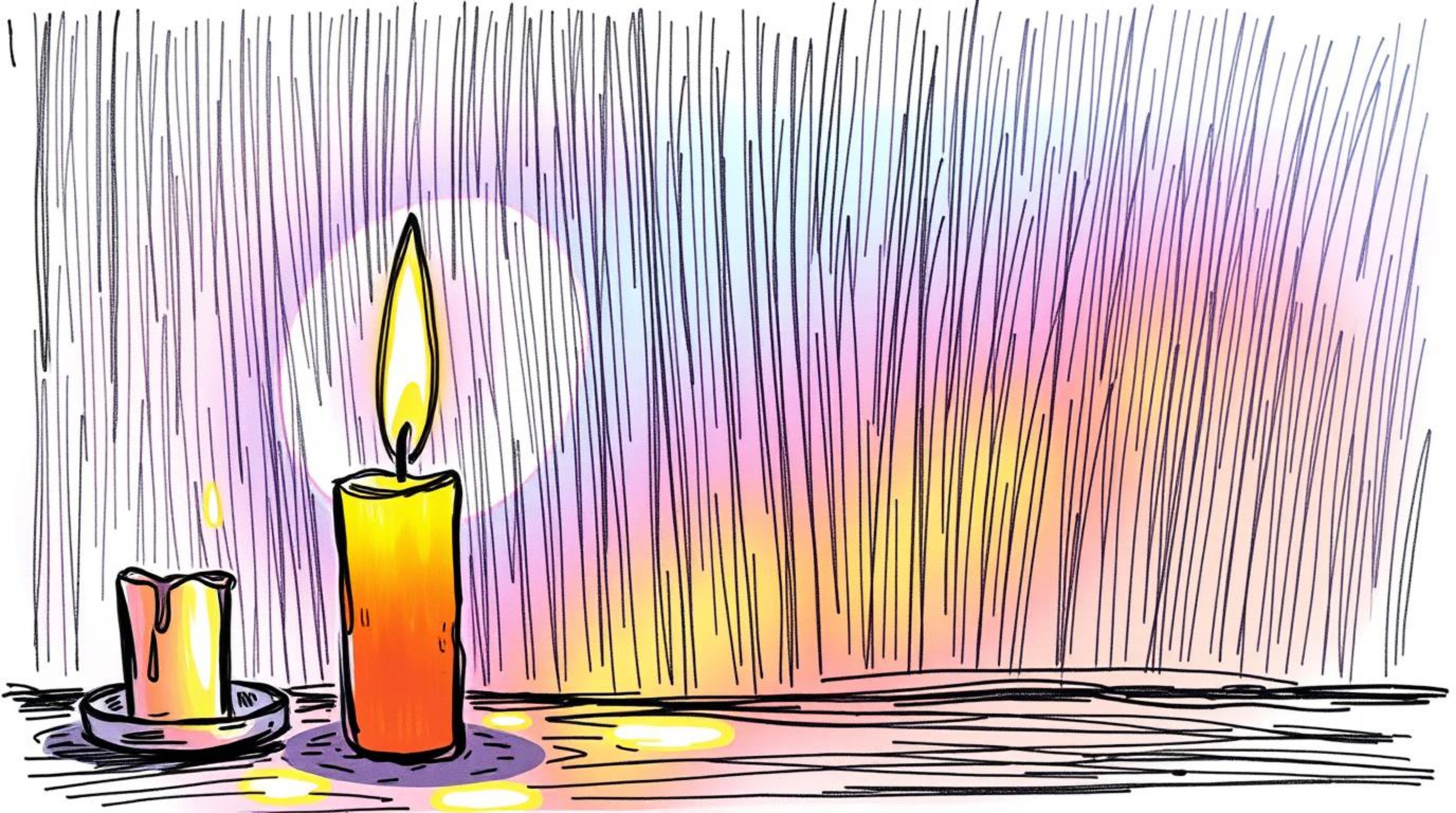 A hand-drawn sketch bathed in the warm glow of candlelight reveals an iridescent gradient texture on a metallic surface.  The