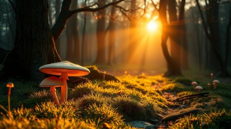 Experience the magic of a vintage-style enchanted forest bathed in warm golden hour light. Glowing mushrooms illuminate the