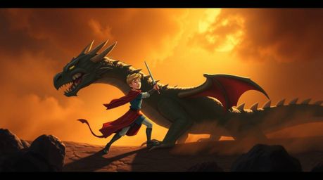 Experience captivating fine art photography depicting a charming prince battling a dragon, rendered in a nostalgic 1950s anim