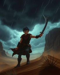 Embark on a thrilling desert adventure with a brave, Disney-esque hero!  Experience intense jet black shadows, stormy skies, 