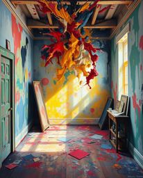 Experience the chaos and beauty of a room exploding with paint, rendered in the classic oil painting style.  This artwork cap
