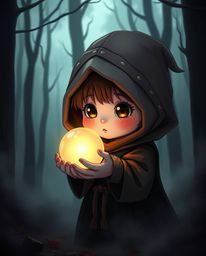 A captivating image featuring a cloaked figure in a misty forest, holding a glowing orb. The scene exudes a strong, moody atm