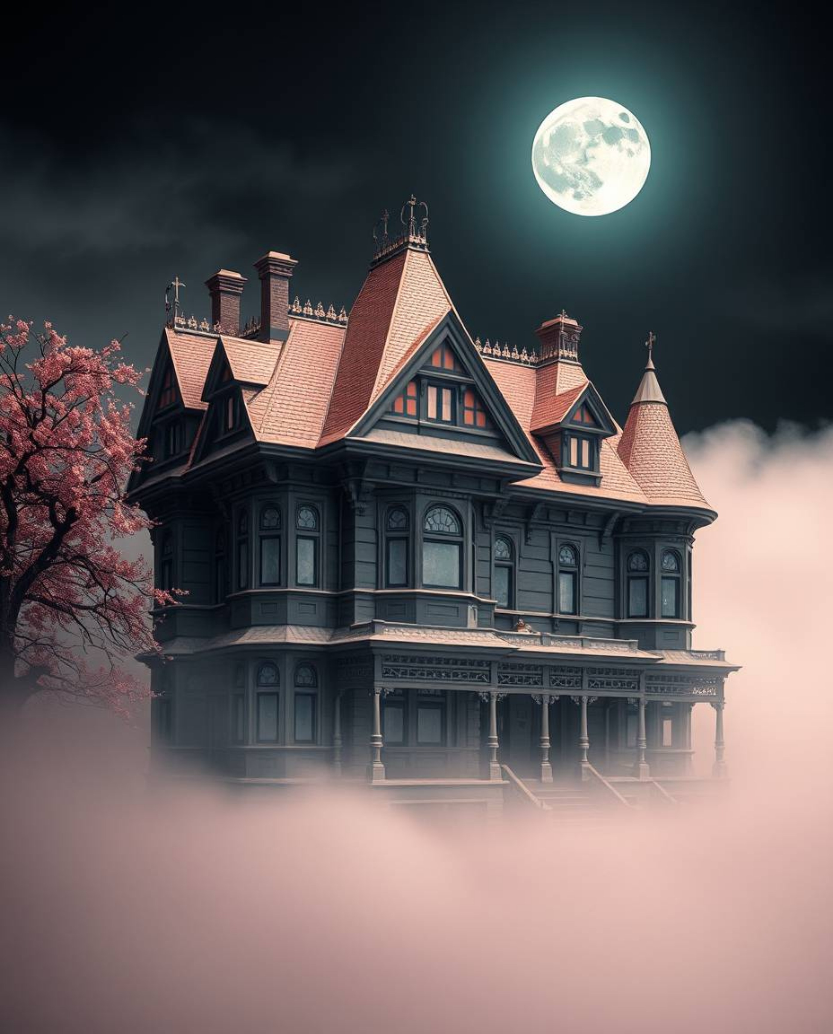 Explore a fog-shrouded Victorian mansion bathed in moonlight, meticulously crafted in an intricate origami style. Rendered in