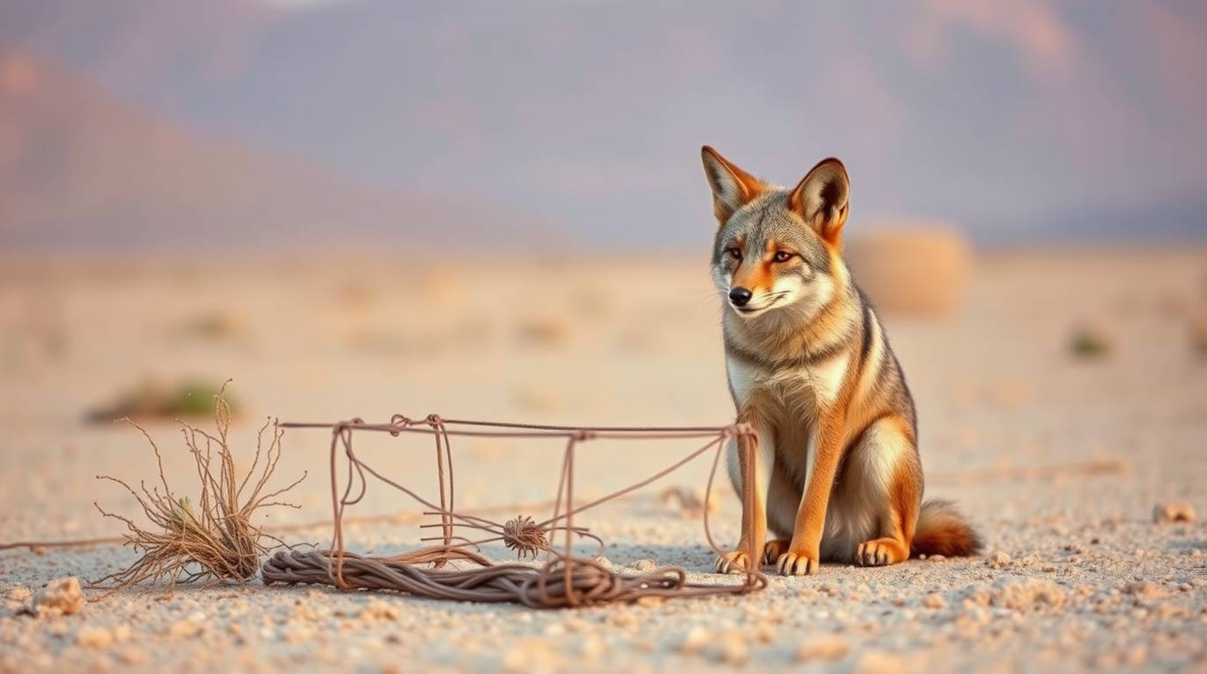 High-resolution stock photo featuring a coyote setting up a ridiculous trap in a desert landscape. The soft pastel color pale